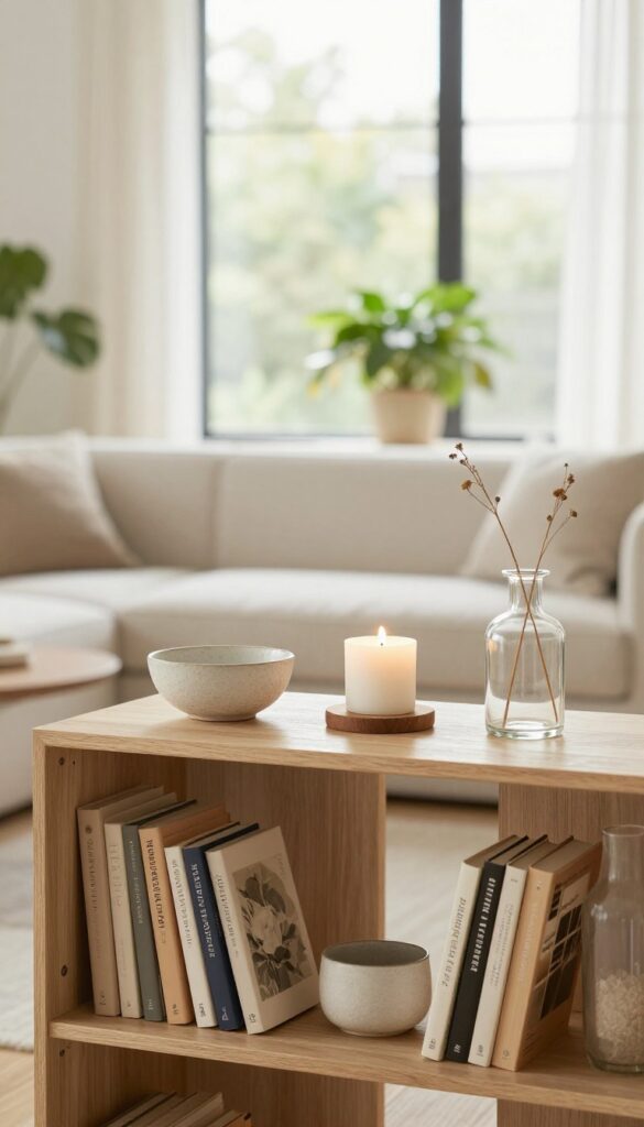 Bright living room bookcase shelf styled with an odd-number grouping of three varied-height decor items: a ceramic bowl, a wooden candle holder, and a glass vase with dried stems, lit by soft natural light.