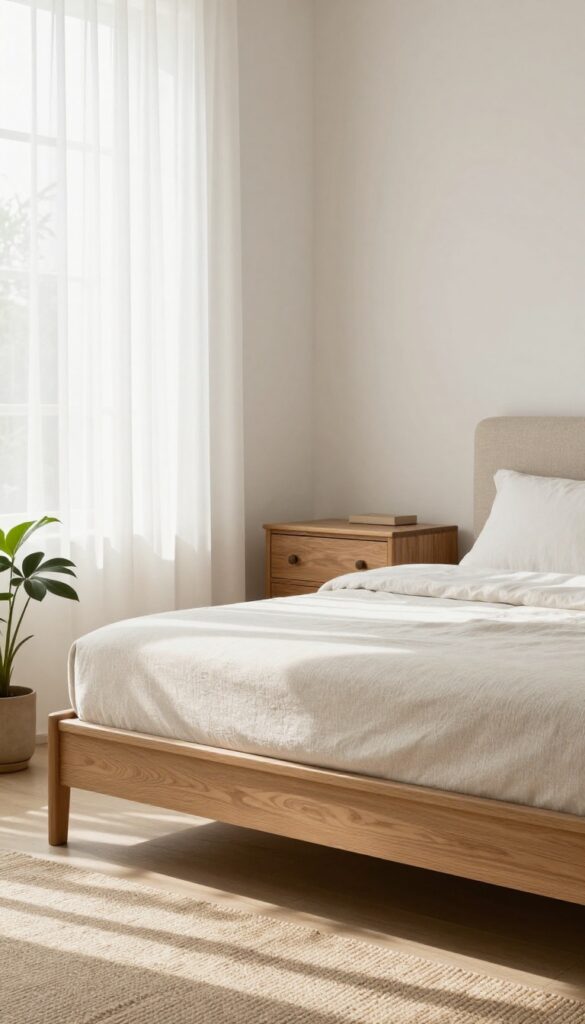 A bright bedroom with a modern upholstered platform bed and an antique carved oak dresser, styled with natural light and no text.