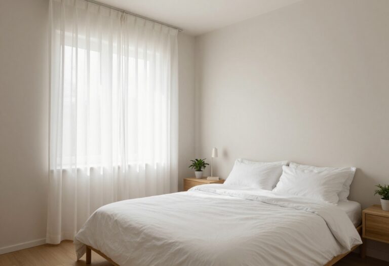 Bright small bedroom with a wall-mounted floating nightstand, low-profile bed, and open floor space styled in a clean minimal look