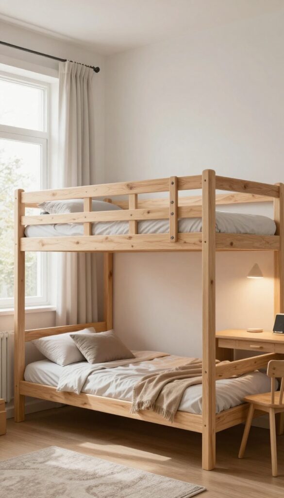 Bright boys bedroom with a solid wood bunk bed and a study lounge area tucked beneath the loft, styled with neutral bedding and soft under-bunk lighting