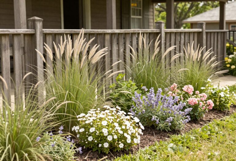 Farmhouse front yard with layered flower beds of mixed heights, tall grasses, soft white and lavender blooms, and a rustic wooden fence in bright natural light