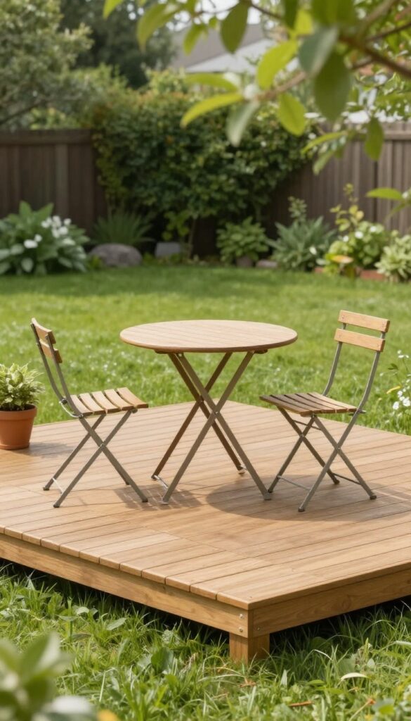 Compact floating wooden deck with a small outdoor dining table and two chairs in a tidy small backyard