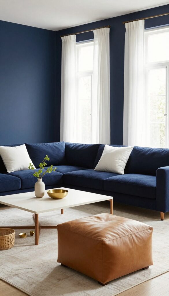 Bright living room with a navy blue sofa, crisp white curtains, warm tan leather ottoman, brass accents, and natural light on a tan patterned rug.