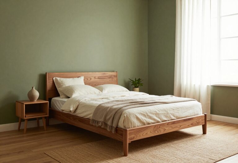 Earthy bedroom with olive green walls and warm walnut furniture in bright natural light
