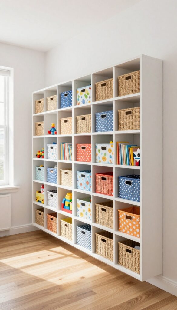 Bright shared boys' bedroom with wall-mounted floating shelves and cube storage bins holding toys, keeping the floor clear
