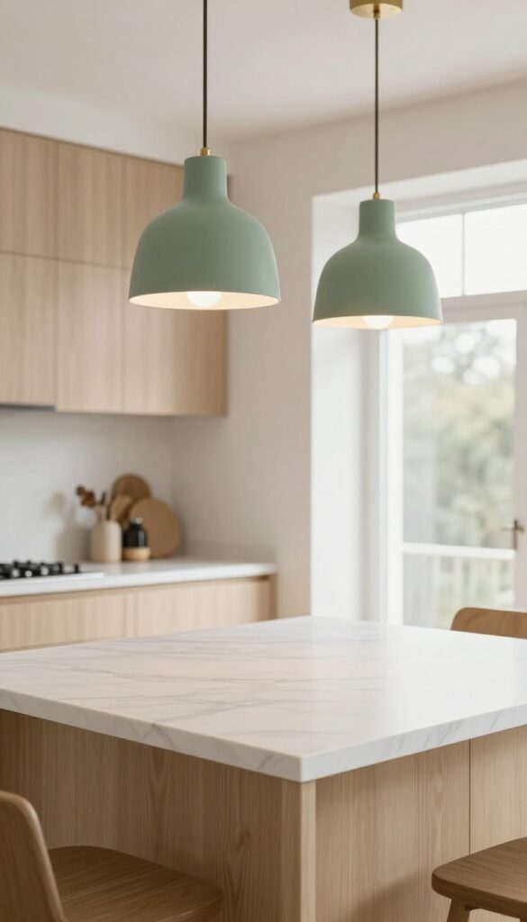 Two sage green pendant lights glowing above a bright kitchen island with brass accents and natural daylight
