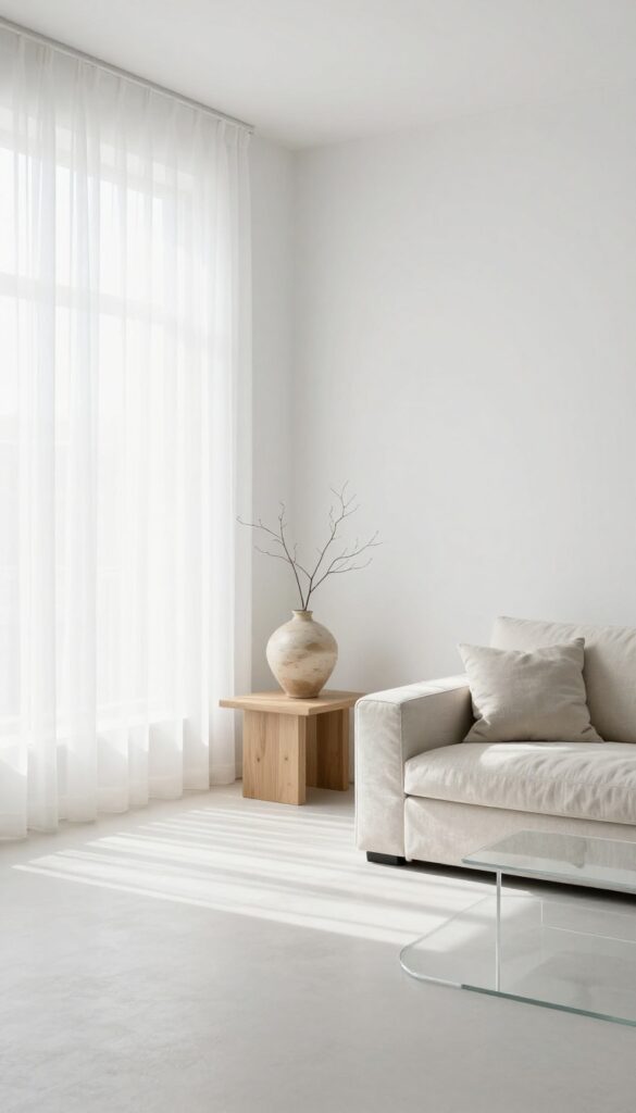 Minimalist small living room with a single dried branch in a ceramic vase on an oak console, bare side table, clear coffee table, and bright natural light emphasizing open negative space