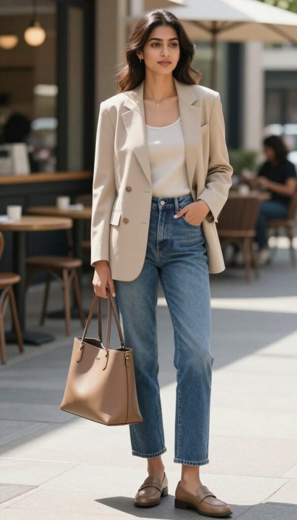 Woman in a neutral tank top, denim shorts, and a lightweight beige blazer standing on a sunny city sidewalk with a structured handbag and loafers.