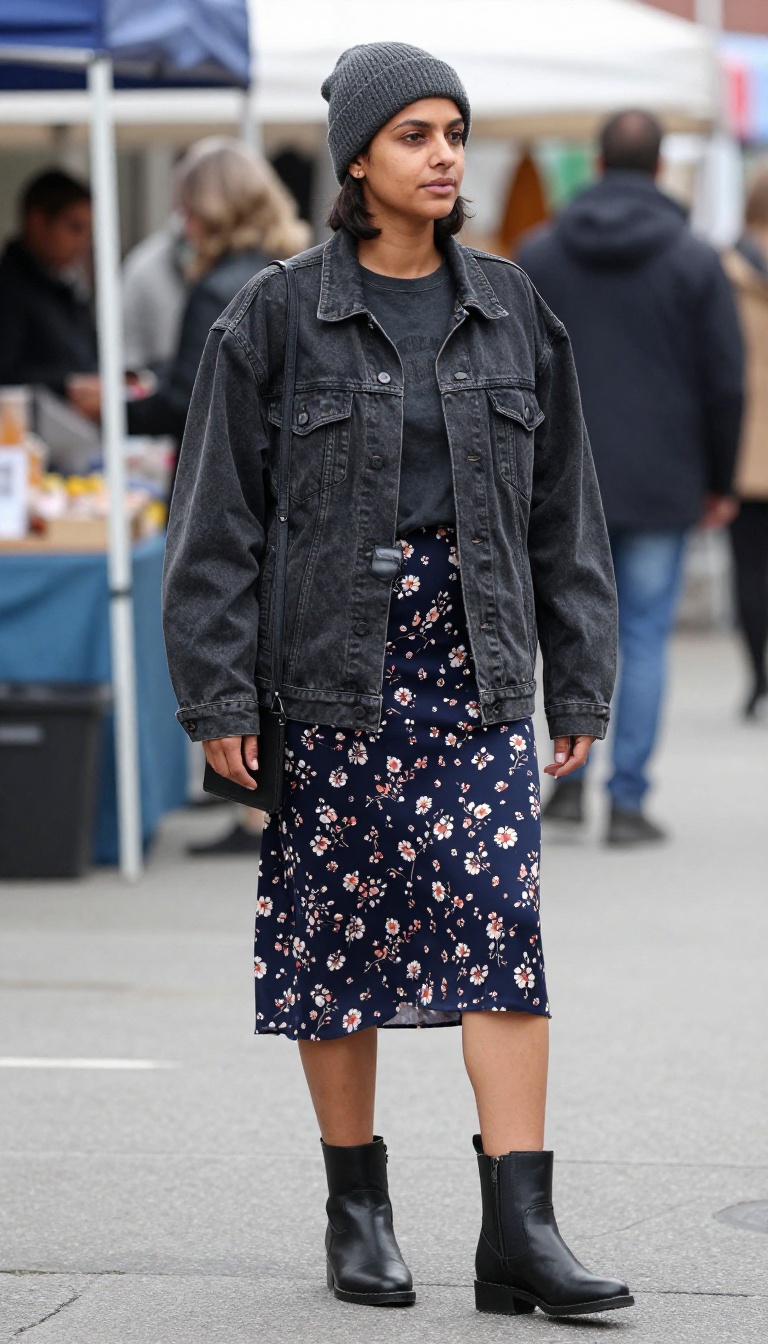 7. Dark Floral Slip Skirt with a Band Tee and Denim Jacket