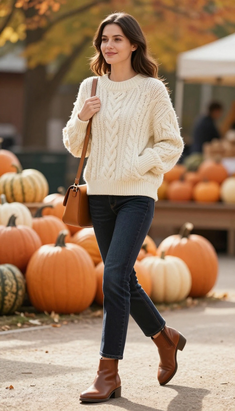 1. Cozy Cable Knit and Dark Wash Straight-Leg Jeans