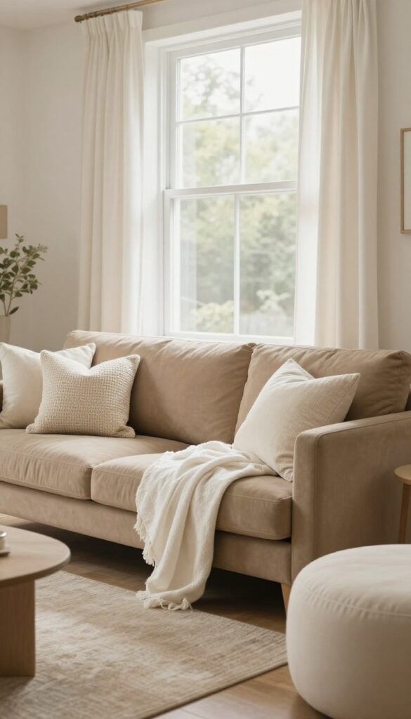 Cozy tan living room with a tan sofa, cream knit and linen throw pillows, a soft white throw blanket, off-white curtains, and a cream ottoman in bright natural light.