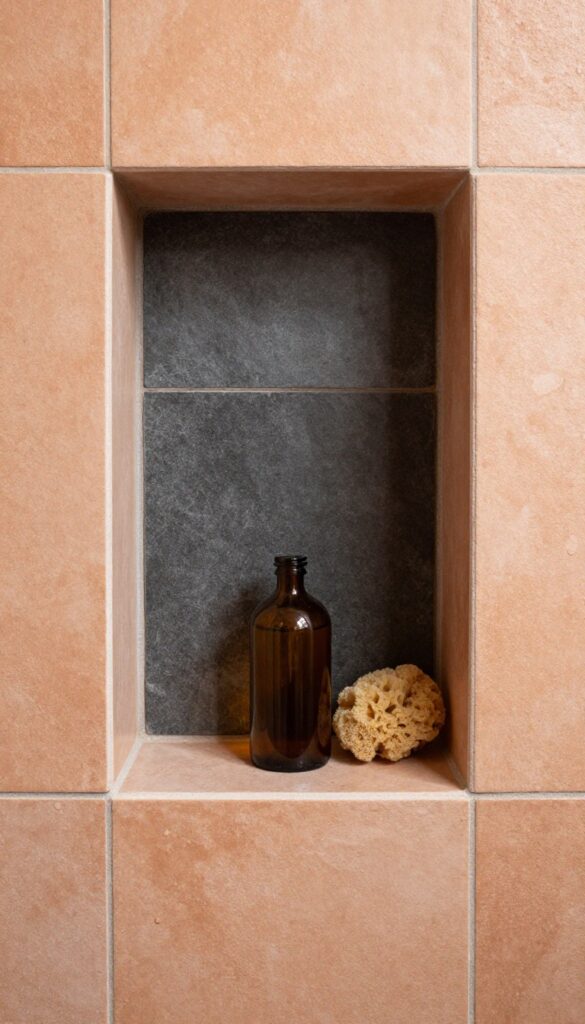 Rustic shower niche lined with contrasting darker textured tiles set into a warm terracotta tiled wall, styled with an amber glass bottle and natural sea sponge in bright natural light.