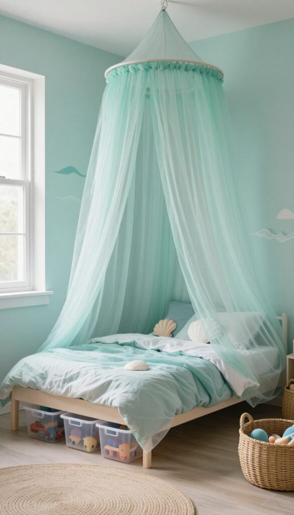 Bright small bedroom with a sheer seafoam green canopy above a bed with shell pillows, aqua walls, subtle wave decals, and clear storage bins on the floor.