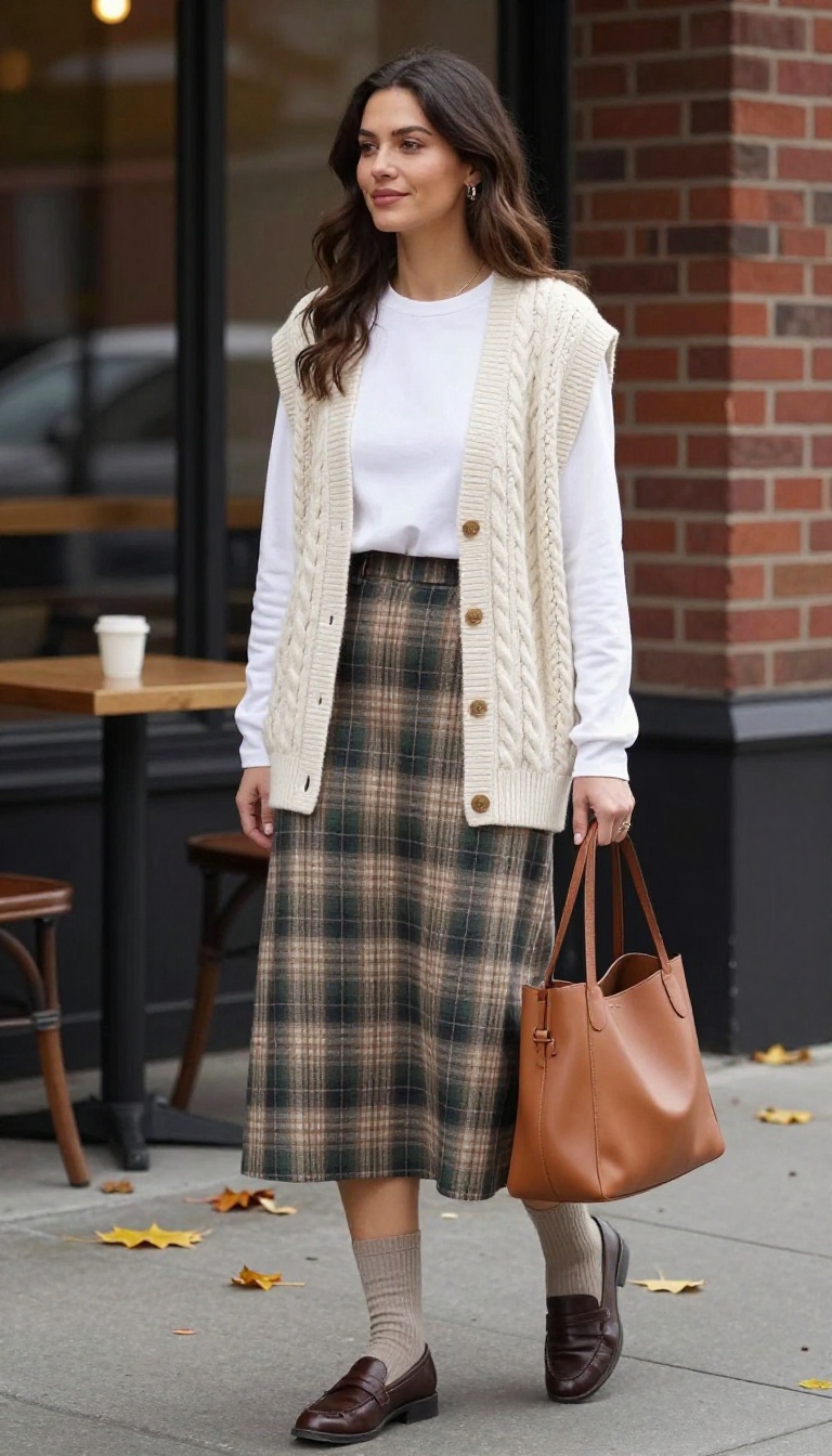 7. Classic Preppy: Plaid Skirt and Cable-Knit Vest