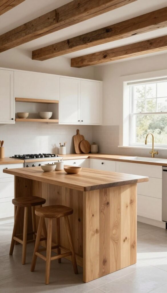 Bright farmhouse kitchen with natural wood accents including a butcher block countertop, open wooden shelves, walnut stools, and exposed ceiling beams contrasting with white cabinets and gray floors.