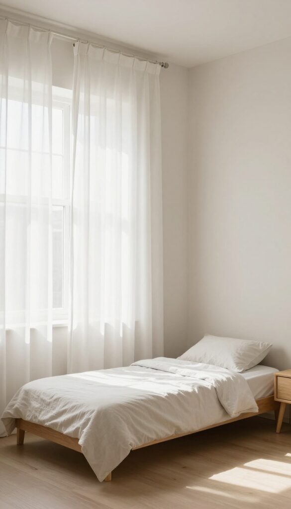 Small boy's bedroom with floor-length neutral curtains hung high near the ceiling to make the room look taller and more spacious