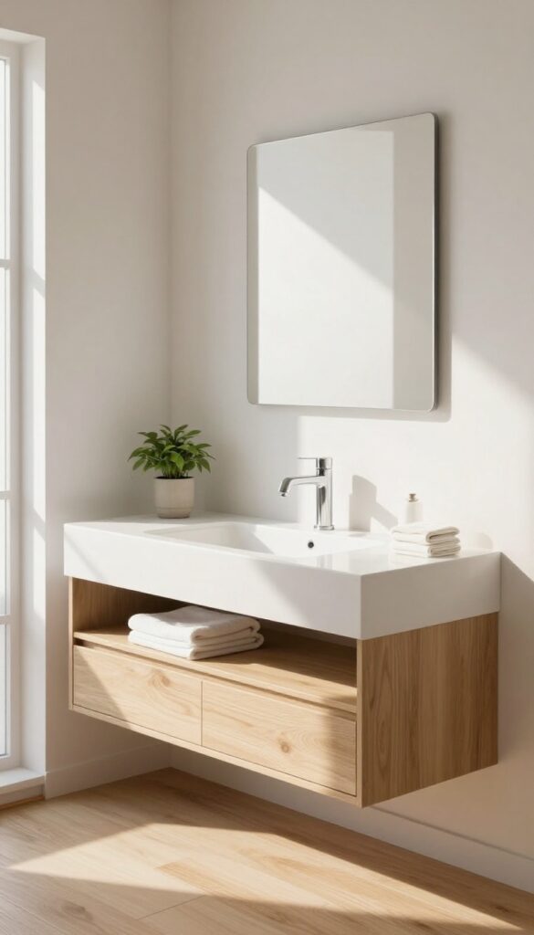 Floating single vanity mounted on a bathroom wall with open floor space underneath in bright natural light