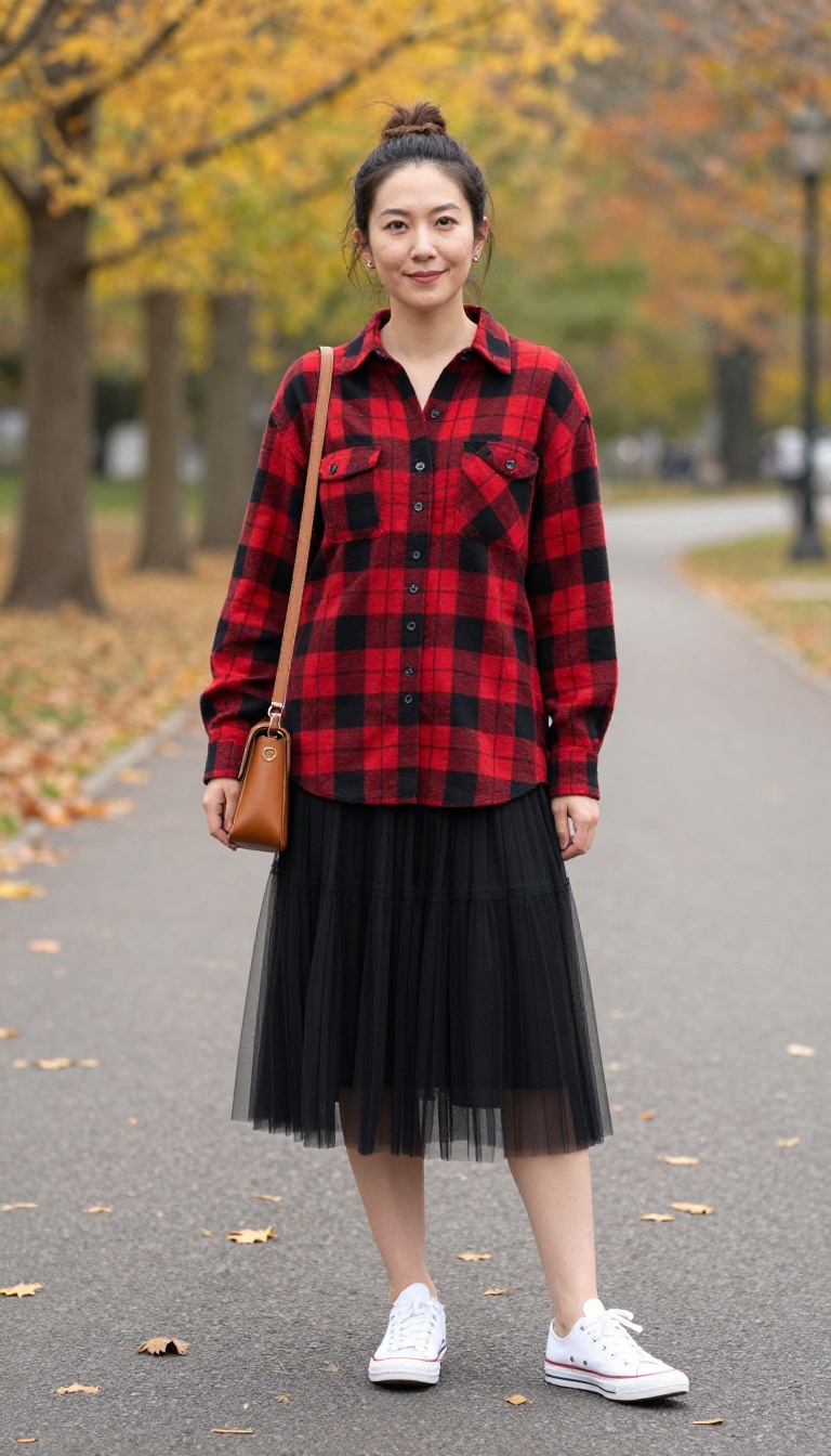 3. Plaid Shirt and Sneakers