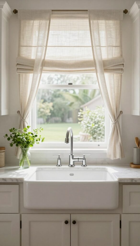 Bright kitchen window above a sink styled with a light neutral Roman shade, soft natural sunlight, and clean modern farmhouse details.