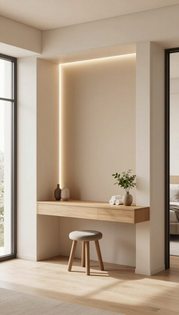 Modern luxury bedroom with a built-in wall niche vanity featuring a floating shelf, mirror, vertical lighting, and neatly styled decor in a recessed wall space.
