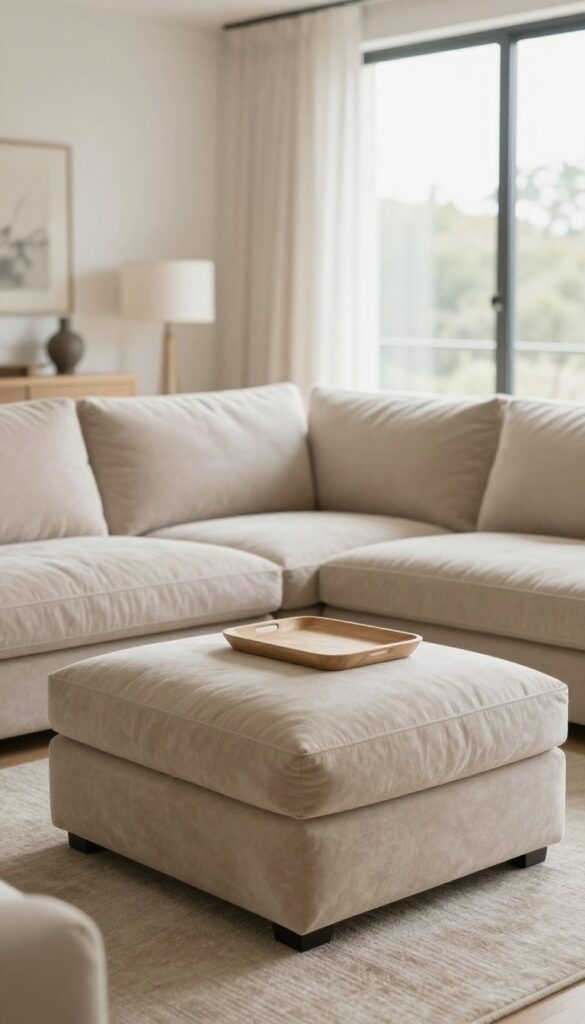 Bright living room with a comfortable sofa facing a large oversized ottoman topped with a tray, layered over a textured rug in natural light.