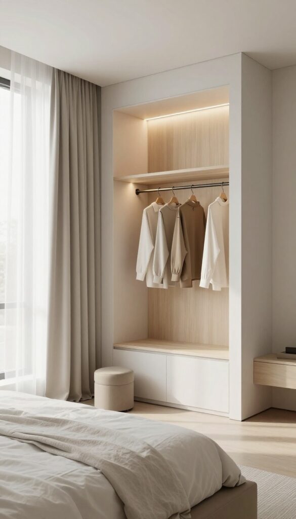 Modern bedroom with a recessed walk-in style cupboard nook featuring built-in shelves, hanging rod, warm LED strip lighting, and a soft curtain enclosure