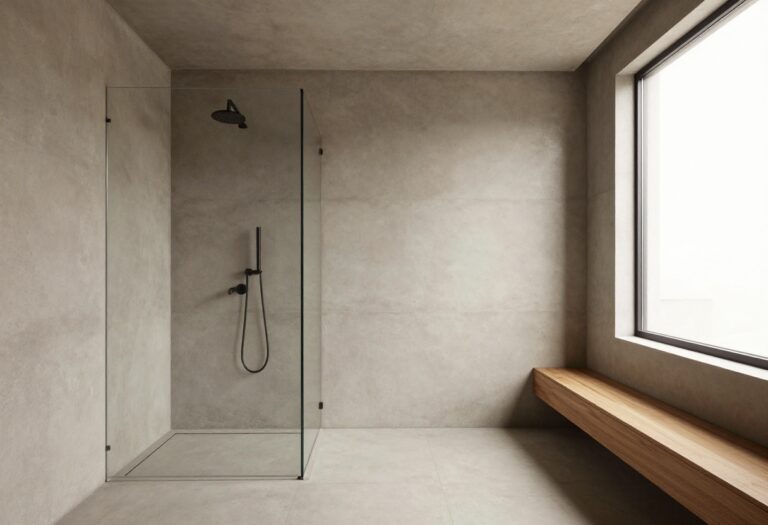 Seamless gray concrete walk-in shower with frameless glass and matte black fixtures in a bright modern bathroom