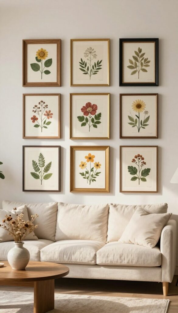 Vintage floral gallery wall with mismatched gold, wood, and black frames holding botanical prints above a cream sofa in a bright living room
