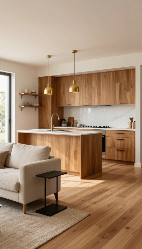 Bright open-concept living space with a kitchen and living room unified by matching warm wood floors, matte black hardware, and brass light fixtures, photographed in natural daylight.