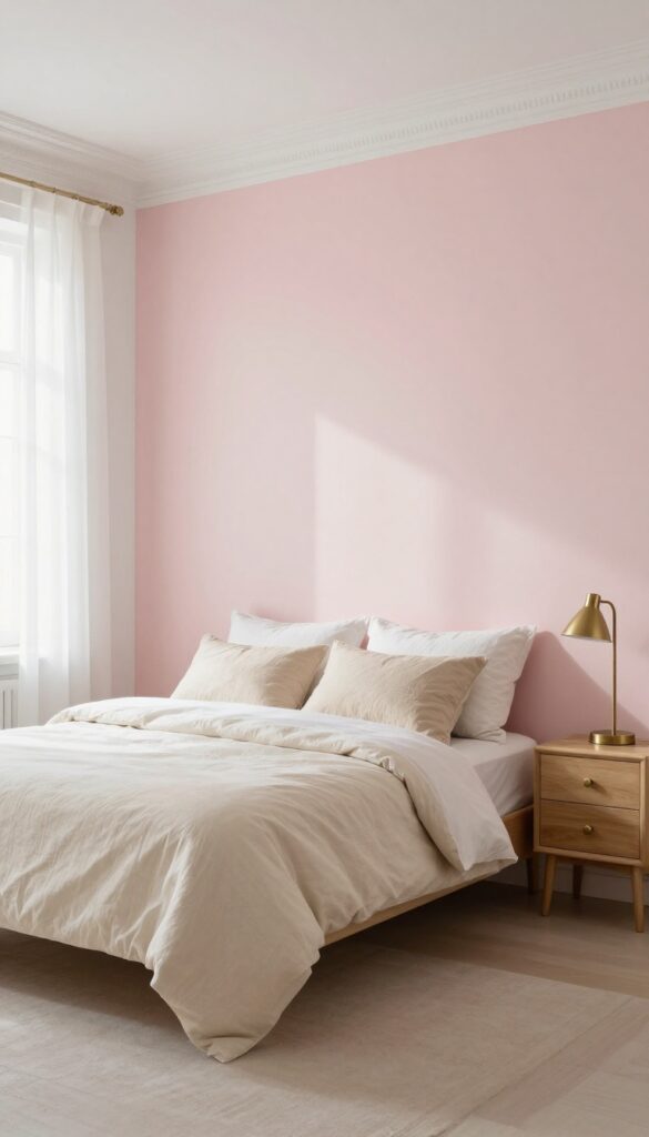Blush pink accent wall with white crown molding in a bright, elegantly styled bedroom with cream bedding and brass accents
