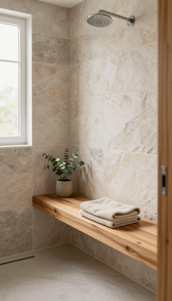 Rustic cabin shower with a floating built-in wooden bench, stone tile walls, and bright natural light creating a relaxing spa-like space