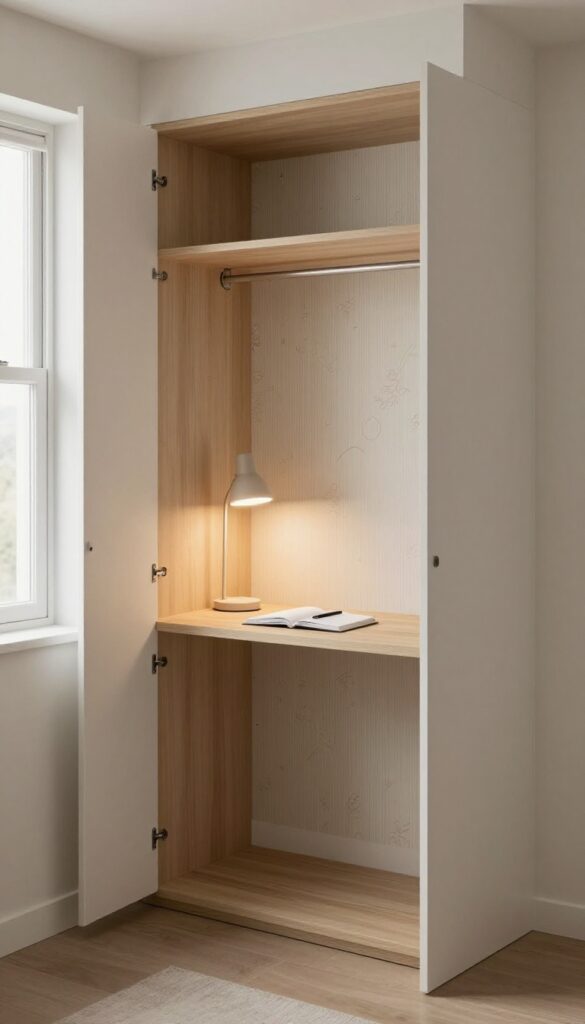 A bright bedroom with a compact desk built into a wardrobe nook, featuring a slim light wood desktop, soft task lighting, and light patterned wallpaper inside the closet.