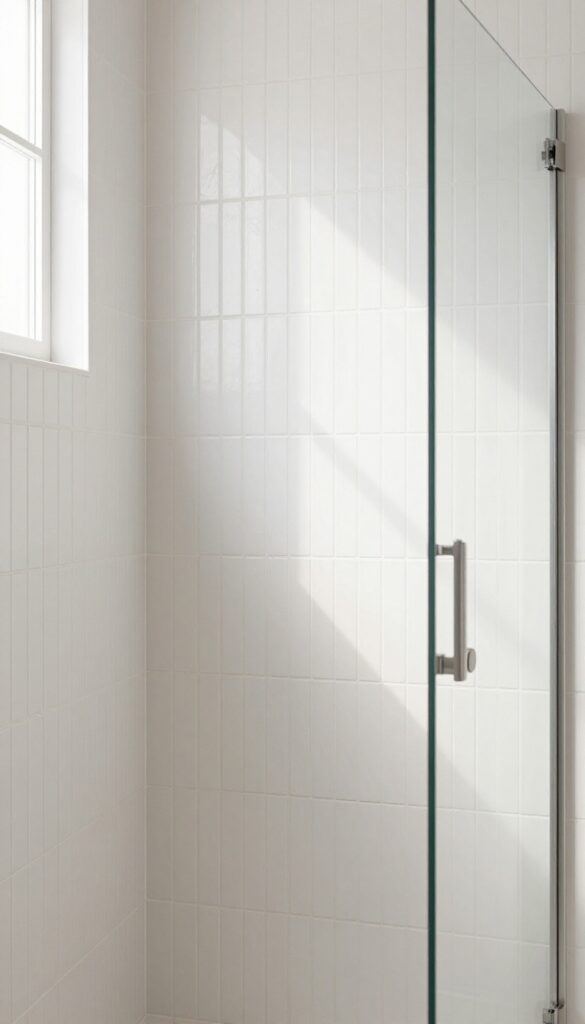 Bright compact bathroom shower featuring vertically stacked white subway tiles with matching grout, creating a taller, more open feel under natural light