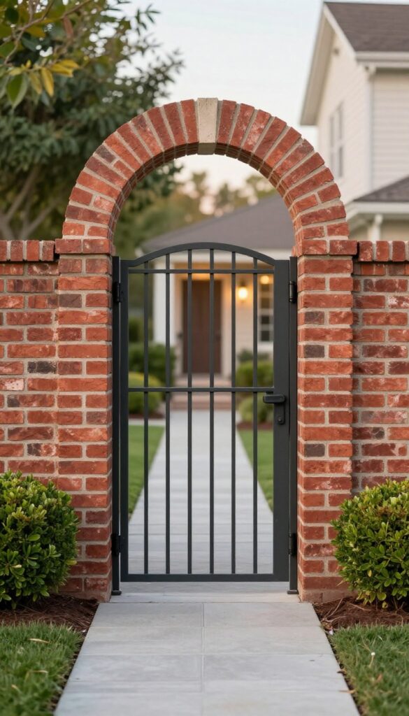 Brick fence with a gently arched decorative entrance and matching gate, framed by symmetrical landscaping and a clean path leading to a home in bright natural light.