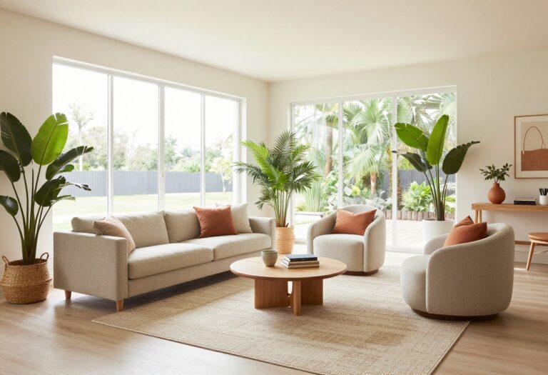 Bright living room with two smaller sofas and rounded chairs arranged in angled conversational seating zones, each anchored by a rug and coffee table, with natural light and plants.