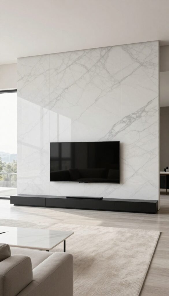 Modern living room with a large polished stone slab accent wall behind a wall-mounted TV, styled with a neutral sofa and bright natural light.