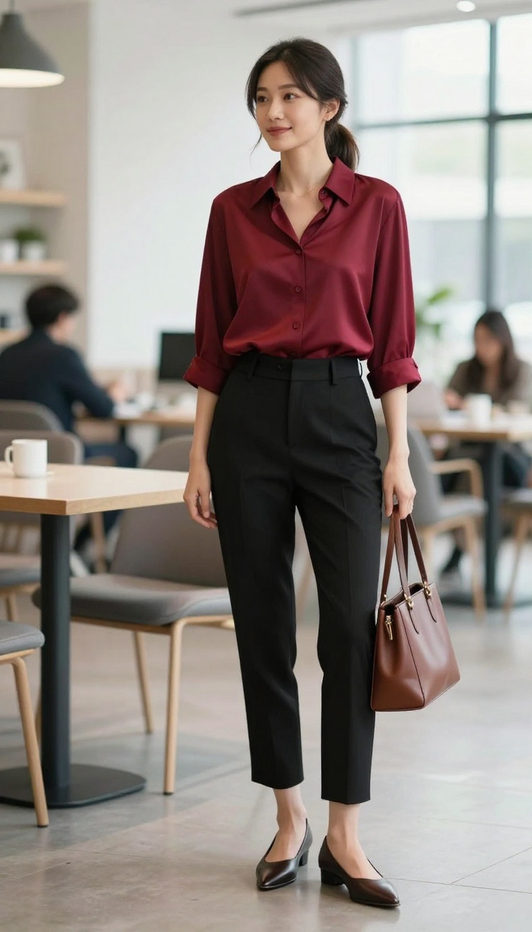 8. Red Blouse with High-Waisted Trousers