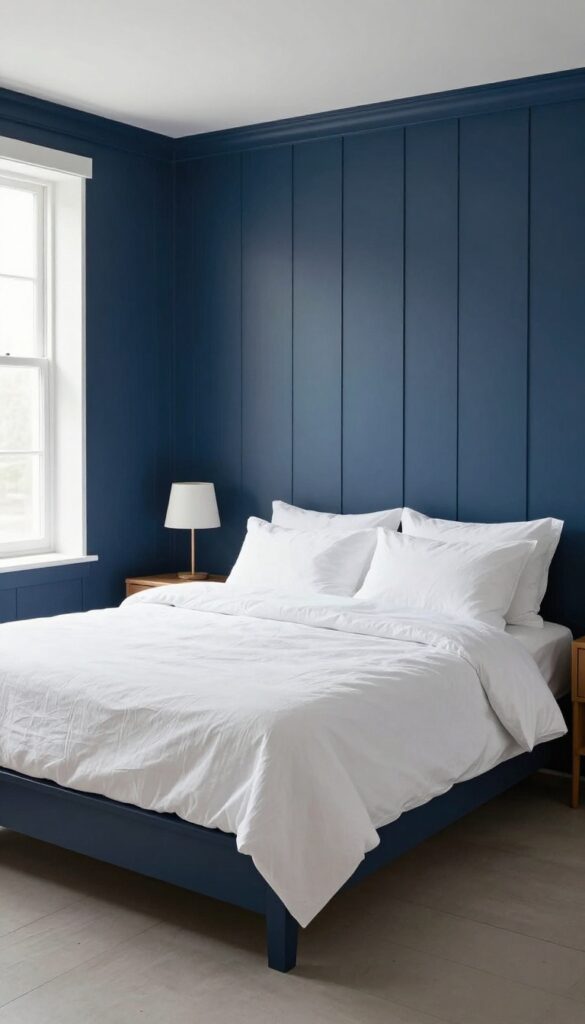 Bedroom with a dark navy blue board and batten feature wall behind a bed with white linens, lit by bright natural light.