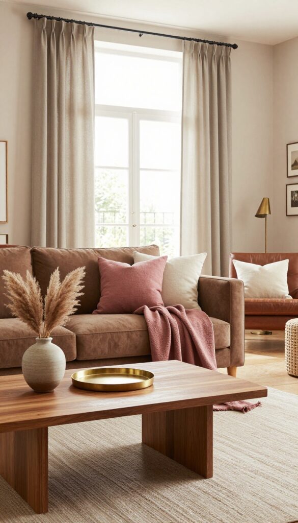 Bright modern living room with a mocha brown sofa, soft taupe walls and curtains, and dusty rose throw pillows and blanket, styled with warm wood and brass accents in natural light.