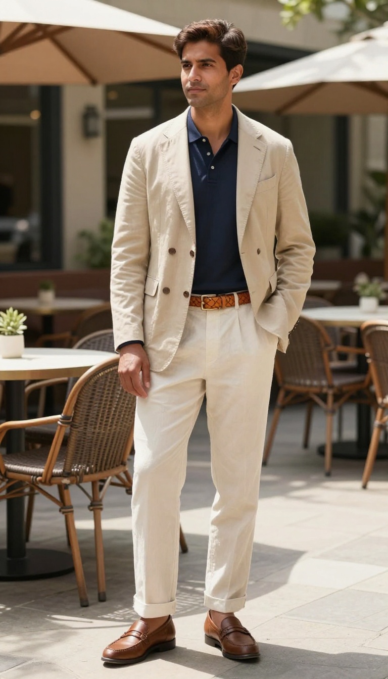 6. Double-Breasted Blazer with Polo and Linen Trousers