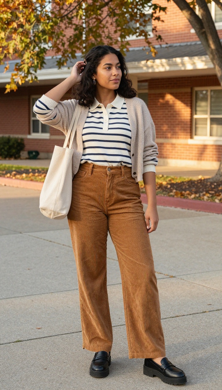 6. Corduroy Pants + Striped Polo + Cardigan