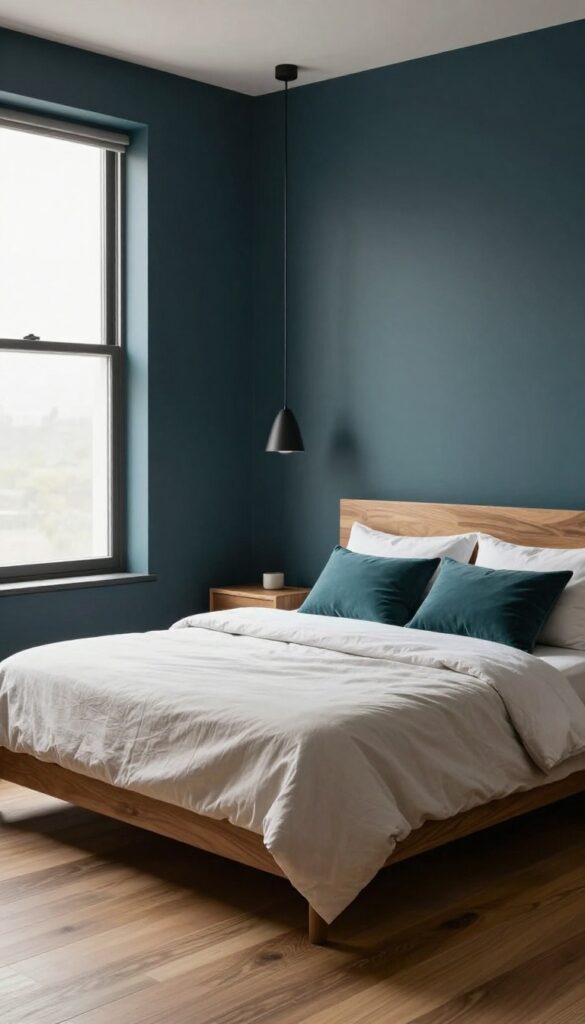4. Dark Teal Walls With Natural Wood Accents idea