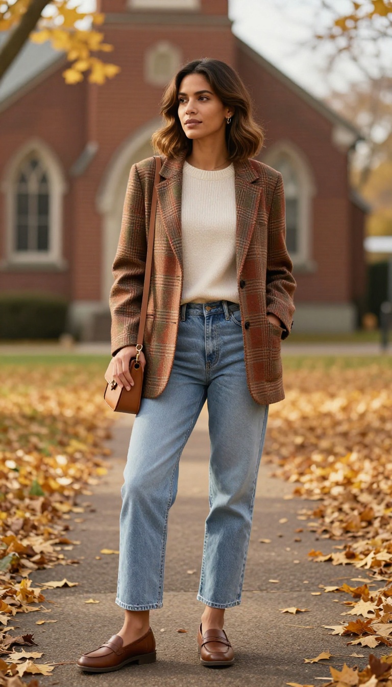 5. Plaid Blazer, Light Wash Jeans, and a Fine-Knit Top