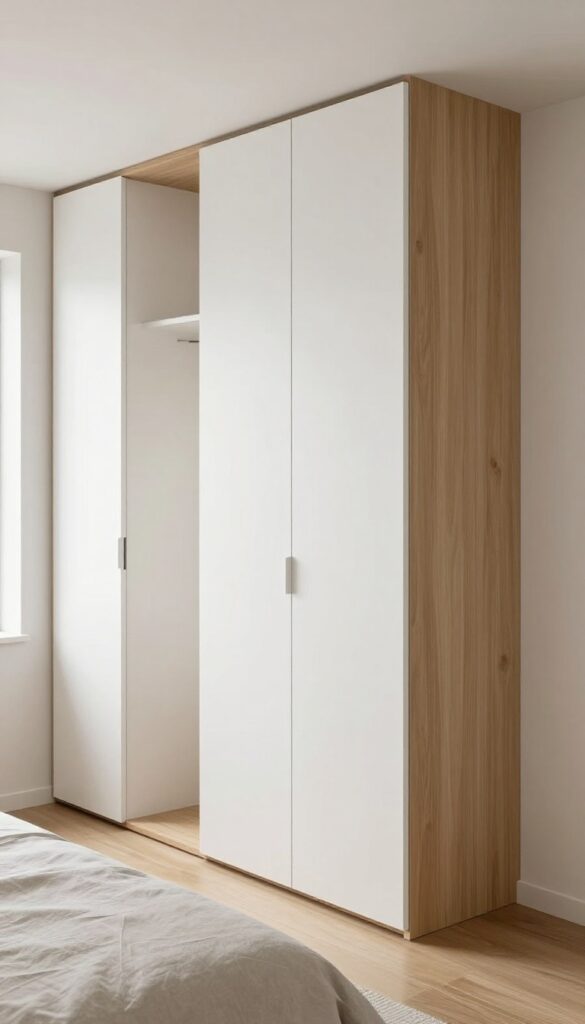Modern bedroom with a sleek handleless minimalist two-tone wardrobe in matte white and warm wood, bathed in bright natural light