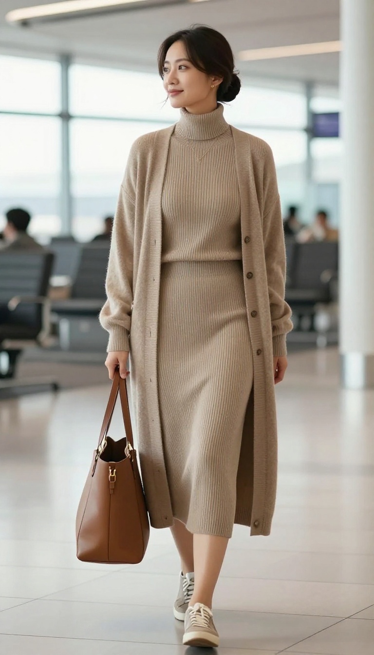 3. Ribbed Sweater Skirt + Turtleneck + Longline Cardigan