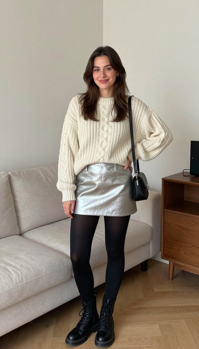 6. Metallic Mini Skirt with a Chunky Knit Sweater