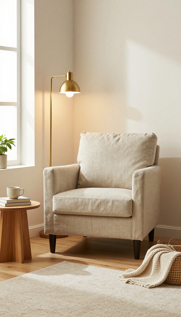 Cozy bedroom reading nook with a relaxed oatmeal linen slipcovered armchair, small side table with tea and books, and a warm floor lamp in bright natural light