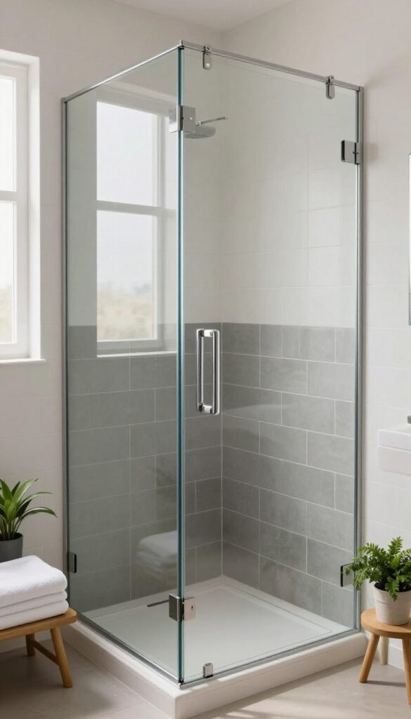 Small bathroom corner shower with dark charcoal lower tiles and light white upper tiles, glass enclosure, bright natural light, and a small plant on the floor