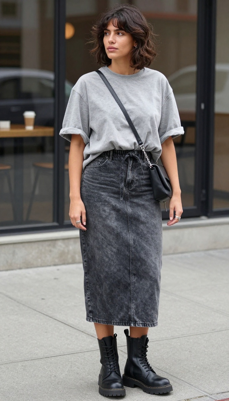 1. Washed Black Slip Skirt with an Oversized Band Tee