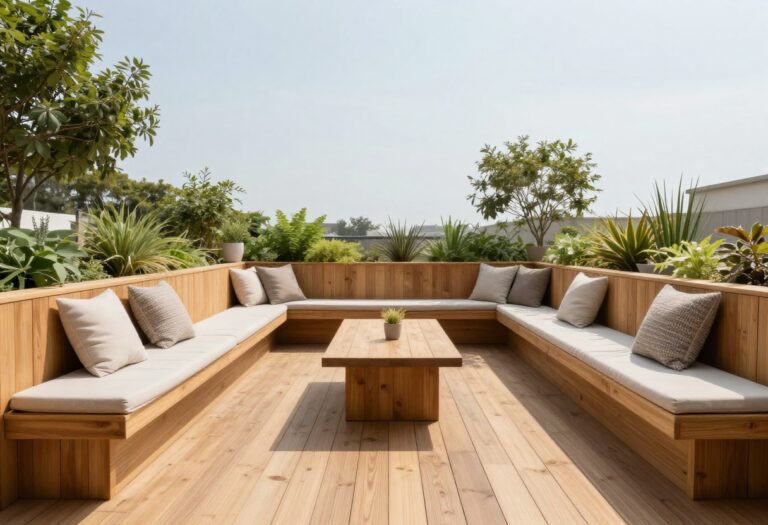 Compact deck with built-in perimeter bench seating and open central space in bright natural light